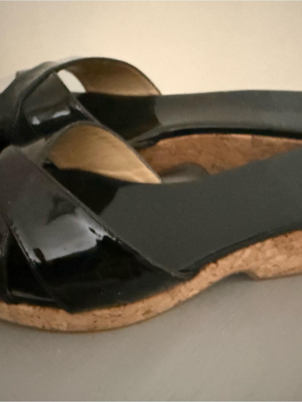 Jimmy Choo Black Patent Leather Cork Wedge Mules